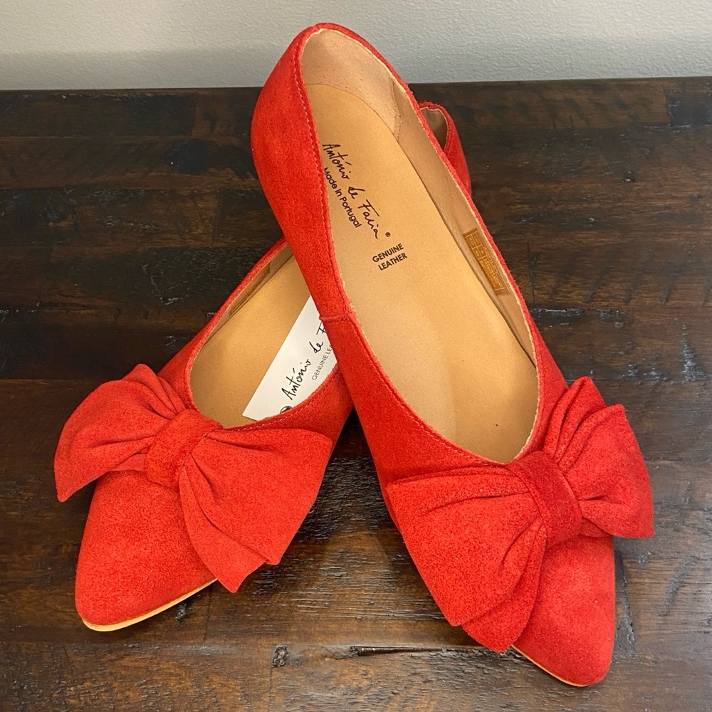 Antonio De Faria Ashley Double Bow Red Suede Flats Size 8 Genuine Leather NEW